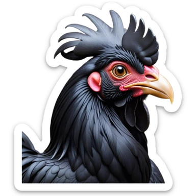 Cinematic Noble Black Rooster Portrait Emoji, Poised and regal, with a robust, commanding build and a sleek, well-groomed pure black plumage, deep-set soulful piercing eyes, Simplified yet sharp and sophisticated features, highly detailed, glowing with a soft, dignified glow, high shine, intelligent and proud, stylized with an air of mysterious majesty, focused and attentive, soft glowing outline, capturing the essence of a watchful and confident leader, so majestic it feels as though it could crow out of the screen with effortless authority! sticker