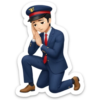 man with black hair, wearing a navy suit, red hat, and navy trousers, kneeling and bowing deeply to the ground with arms and forehead touching the floor, pose expresses apology or deep respect, clear, bold, expressive, standard emoji look sticker