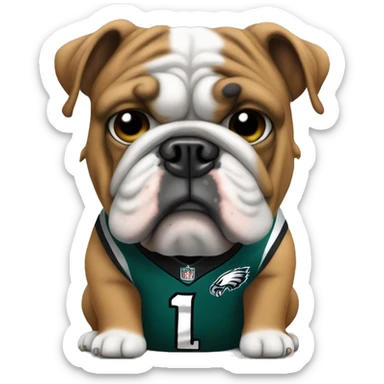 english bulldog wearing a philadelphia eagles jersey. make him sit down and have the view from the side/front sticker