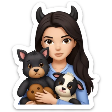 Kendall Jenner with long dark hair holding a brown teddy bear, a black schnauzer and a cow cat in her arms sticker