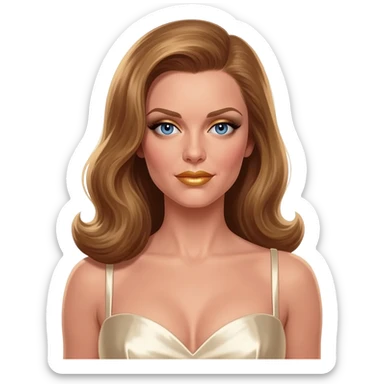 Gwendolyn Gann from James Bond Series with blue eyes, gold lipstick, ivory eyeshadow, long golden brown hair, ivory metallic sweetheart dress sticker