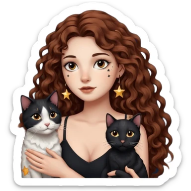 woman with long curly brown hair, brown eyes, white skin, tattoos, black cat made of star constellations beside her sticker