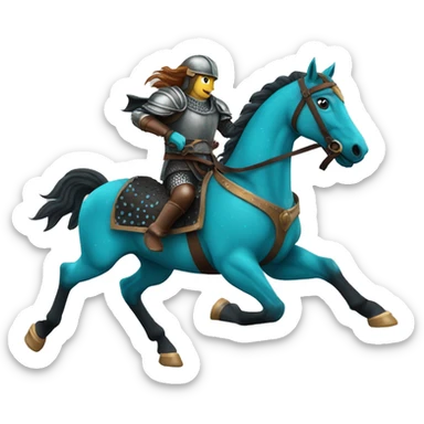 Chestnut and black speckled horse running galloping wearing blue and cyan armour  sticker