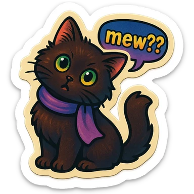 Fluffy cute curious confused dark-brown cat with green eyes and a purple scarf saying ‘mew??’ with a tilted head (With a speech bubble) sticker