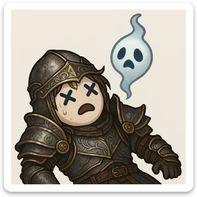 Black Desert Online themed emoji showing a defeated or fainted character, referencing the game's art style, with X eyes or a ghostly spirit rising sticker