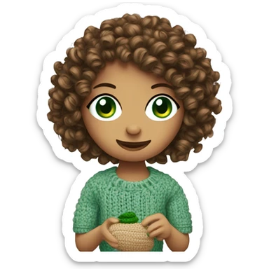 Green eyed Girl with curly hair crocheting a toy sticker