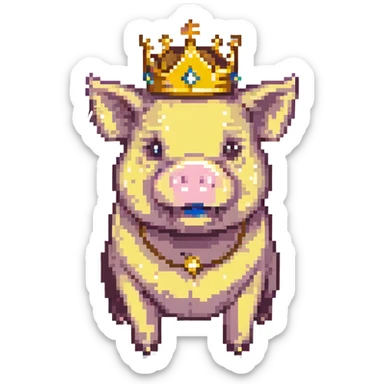 a pig with a golden crown, pixel art style, facing forward sticker