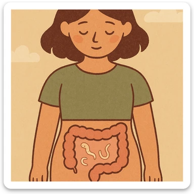 simple infographic style stylized female body section, intestine with few parasites represented as transparent icons, pastel colors, clean and educational atmosphere, 4K resolution sticker