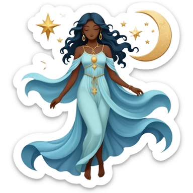 Mystical tarot card with flowing clothing silhouette, ethereal fashion symbol with stars and moon elements sticker