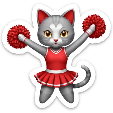 A sleek grey cat cheerleader twirling pom-poms with confident energy. sticker