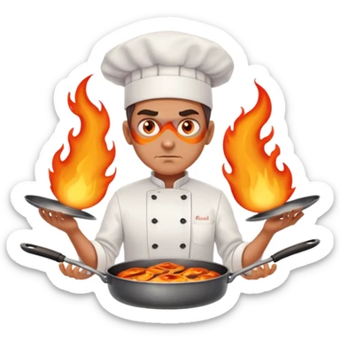 chef with intense flame eyes, crossing pans across chest in X formation sticker