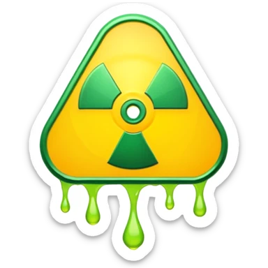 radioactive hazard symbol stylized to look like it is melting. The symbol is bright neon green and toxic yellow, with smooth dripping edges like liquid. sticker