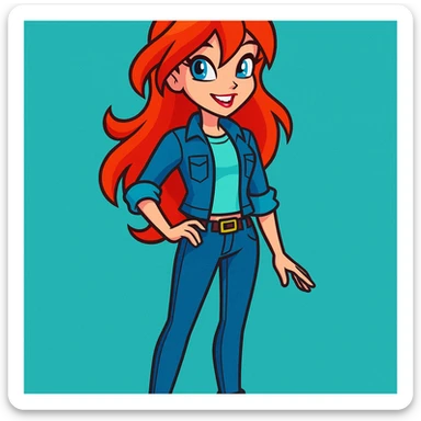 Bloom from Winx Club in casual clothes, standing, vibrant toon style, no glowing aura, casual modern look, smiling sticker