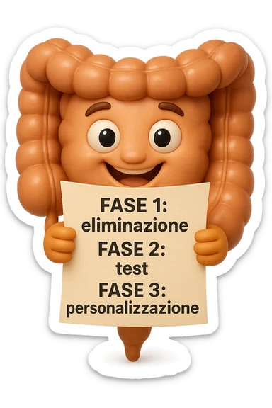 emoji stile iphone 3d di un intestino che tiene in mano un foglio con la scritta "FASE 1: eliminazione, FASE 2: test, FASE 3: personalizzazione, IPERREALISTICO 4K sticker