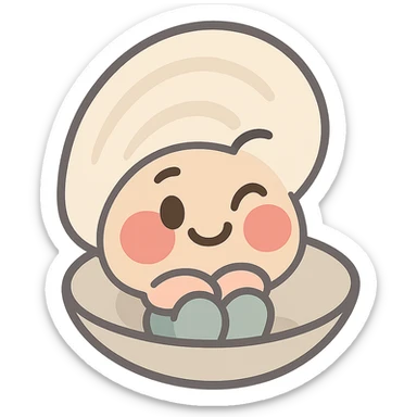 Create a cute oyster with a winking expression and very red cheeks, inspired by the reference image. Use pastel toon style with cream and greige colors. The background should be transparent. sticker