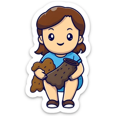 White girl with brown hair holding poop sticker