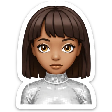 Left Eye from TLC with medium dark brown hair, white sequin outfit sticker