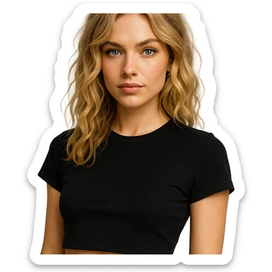 stylish blonde girl with wavy hair, blue eyes, left nose ring, black cropped shirt, confident expression sticker