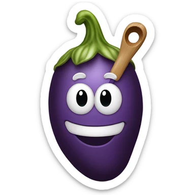 Eggplant with stem wearing chef’s hat holding spoon sticker
