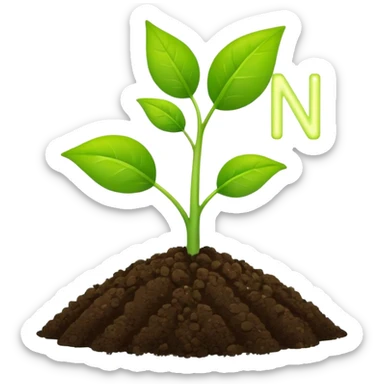 Create a cute emoji showing a healthy green plant growing from soil with a small glowing letter "N" above it, symbolizing nitrogen efficiency (NUE). Flat design, emoji style, simple shapes, bright colors, white background, vector illustration. sticker