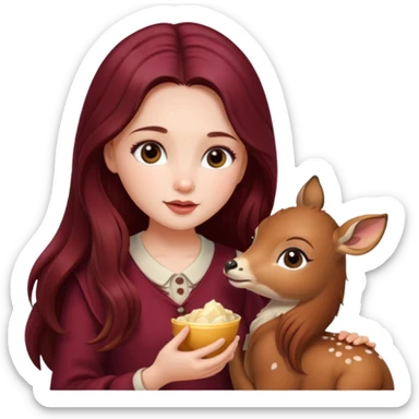 Beautiful burgundy long haired girl feeding baby deer sticker