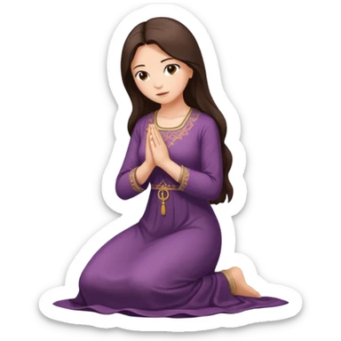 woman with long dark brown hair, kneeling and praying in a long dress sticker