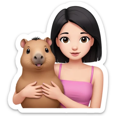 Perempuan muda berambut hitam medium dan lurus,mata berwarna hitam, berkulit putih tapi gak pale, pakai baju warna pink tube top dan menggendong capybara sambil mengedipkan mata sticker