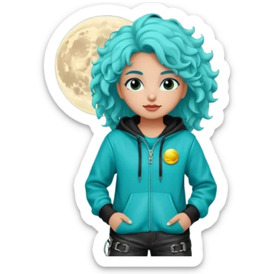 chica,pelirroja pelo rizado con poderes de la luna con un buzo turquesa con negro y unas botas de cuero sticker
