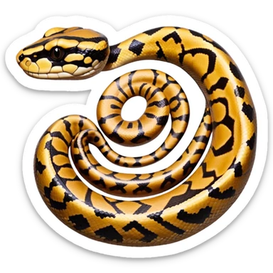 A photo-realistic top-down view of a Ball Python gently coiled into a tight spiral, with its head resting peacefully at the center. Its scales are warm brown with bold, irregular black markings, including the distinctive “alien-head” pattern, flowing smoothly along its body.  sticker