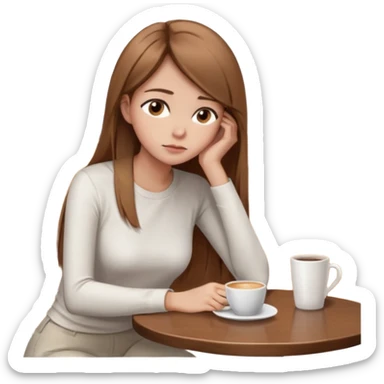 Cartoon emoji of a girl with long, straight light brown hair, fair skin, brown eyes. Wearing a white top and simple pants. Sitting alone at a café table, shoulders slightly hunched, head slightly down, looking unsure and thoughtful sticker