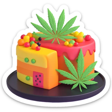 colorful frosted fruit cake with cannabis leaf on a plate sticker