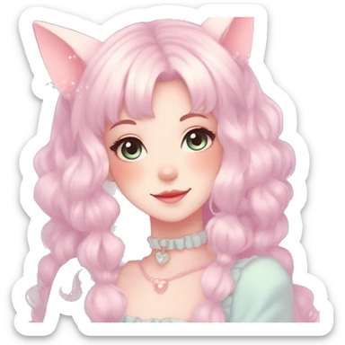 Gorgeous pastel anime style lady with blushing face and cat ears cottagecore fairycore pastelcore colorful pearly romantic simplistic aesthetic trending style sticker