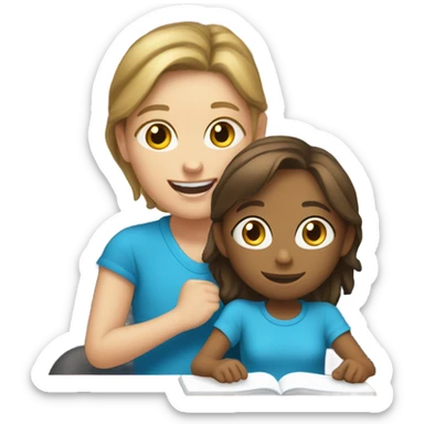 One Little Girl, white skin, bronze hair, smile, tutor, bright blue t shirt, icon  sticker