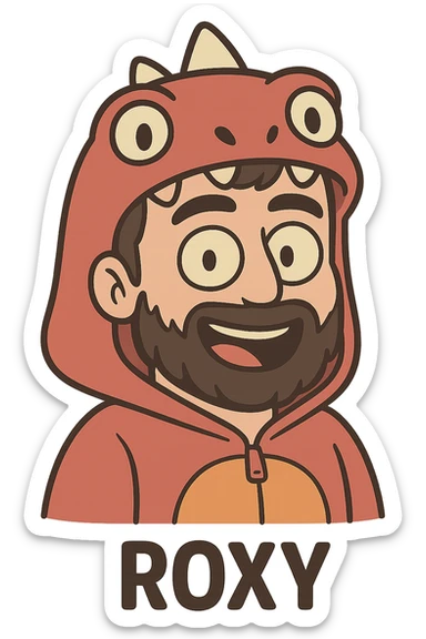 cartoon face of Roxy, red dinosaur onesie hood, dark hair, beard, same expression, same line style sticker