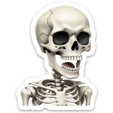 Skeleton super idol screaming but a very white decomposed skeleton head (the decomposed skeleton head has no lower jaw and only 4 upper teeth) covering his face and behind it is a (somewhat) dark gray color and the background is pitch black sticker