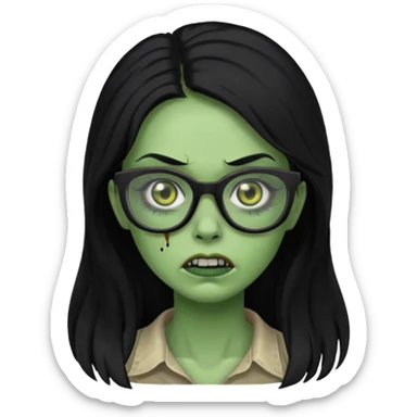 crie um emoji de zumbi feminino, com pele verde, óculos preto e cabelo longo preto sticker