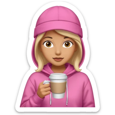 Woman in pink hoodie and cap holding coffee sticker