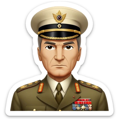 Cinematic Realistic Mustafa Kemal Atatürk Portrait Emoji, depicted as a visionary statesman with a determined gaze and period military attire, rendered with rich textures and dynamic historical lighting that captures his transformative leadership. sticker