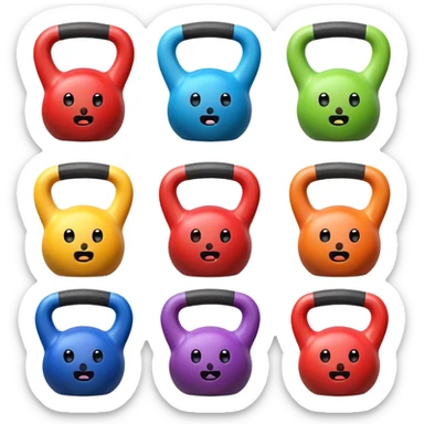 6 colorful cartoon kettlebells with faces, arms, legs, white background. sticker