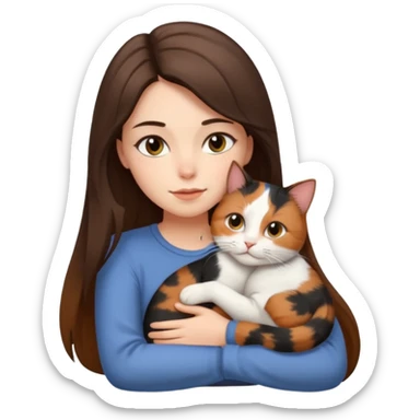 Brunette woman with long hair snuggling short haired calico cat sticker