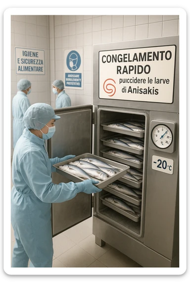 a fish processing facility where freshly caught fish are placed on trays and moved into a large industrial freezer. A temperature gauge shows -20°C, and an educational label explains that rapid freezing (abbattimento) is used to kill Anisakis larvae. The background includes workers in protective clothing and clear signage about food safety. in italiano sticker