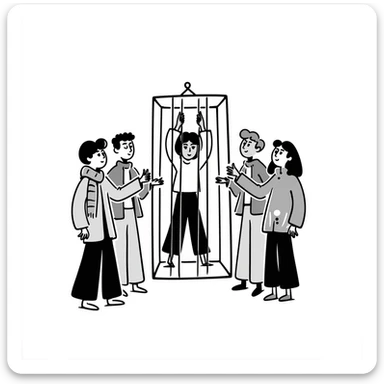 a person inside a cage with several spectators watching, hand drawn doodle style sticker