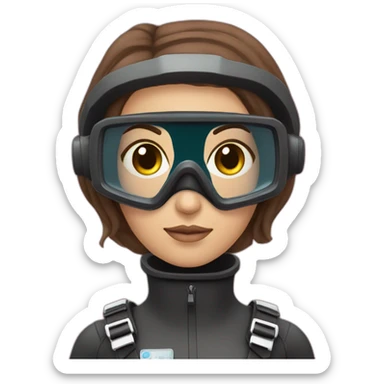 a woman with a scubadiver suit. pink dive mask, with blues eyes inside. brown largue and straight hair sticker
