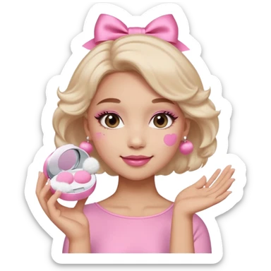 female face, light skin tone, small simple closed smile. One hand visible holding a round fluffy pink makeup powder puff pressed to the cheek; the puff has a small satin bow. sticker