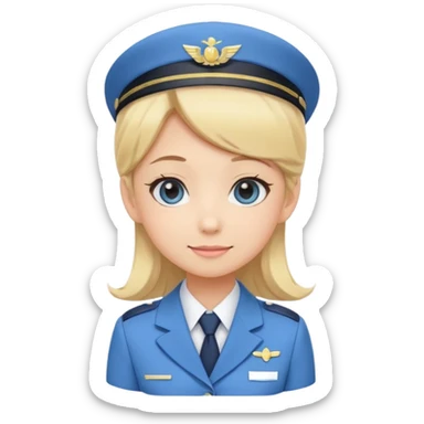 Cute emoji-style Japanese flight attendant, blonde hair, pastel blue airline uniform, kawaii cartoon style, big eyes, simple clean lineart, pastel colors, chibi proportions, friendly smile, sticker/emoji, transparent background sticker
