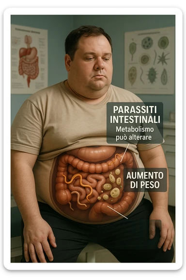 cinematic photo an overweight man is shown with a semi-transparent abdomen, highlighting the intestines filled with various types of parasites (such as worms or protozoa). Educational callouts explain how these parasites can disrupt metabolism and contribute to weight gain. The setting is a medical office, with charts and diagrams in the background. in italiano sticker