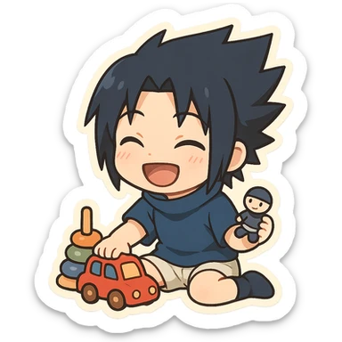 Kid Sasuke, playing with toys with a bright smile, adorable chibi sticker, innocent version of Sasuke sticker