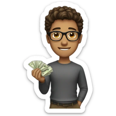 young guy with full black glasses, brown hair and money in hand sticker