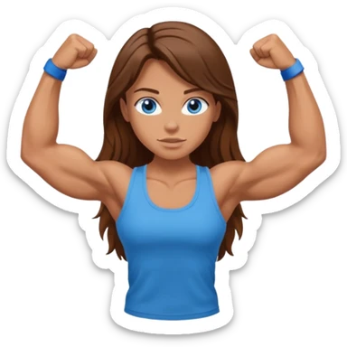 Girl with long brown hair, blue eyes and really muscular arms, flexing her muscles. Wearing a tank top sticker