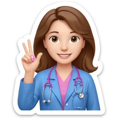 Barbie like emoji of a white woman with brown eyes and long wavy brown hair wearing blue scrubs, white lab coat, pink stethoscope, and raising one hand and a warm smile sticker